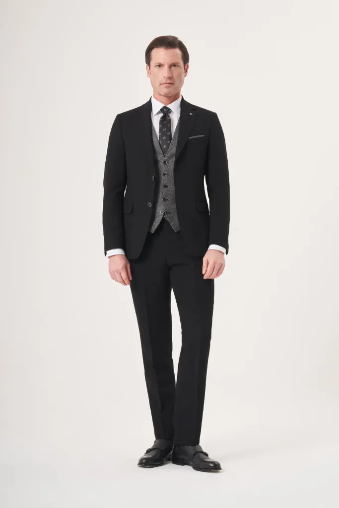 Jakamen Men’s Black Slim Fit Vest Suit